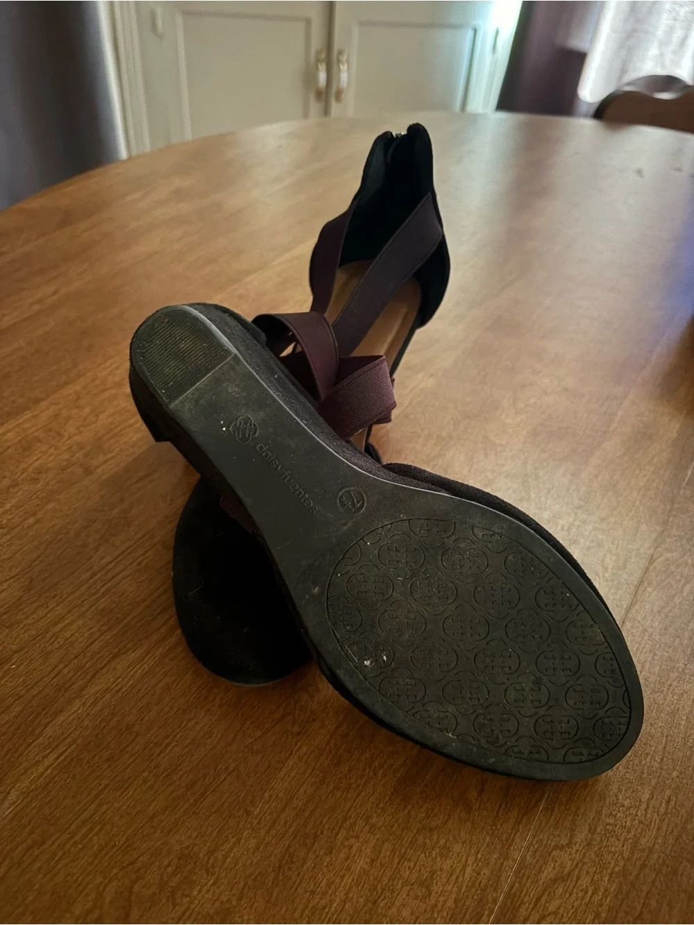 Daisy Fuentes Black and Dark Purple Cross-Strap Wedge Flats